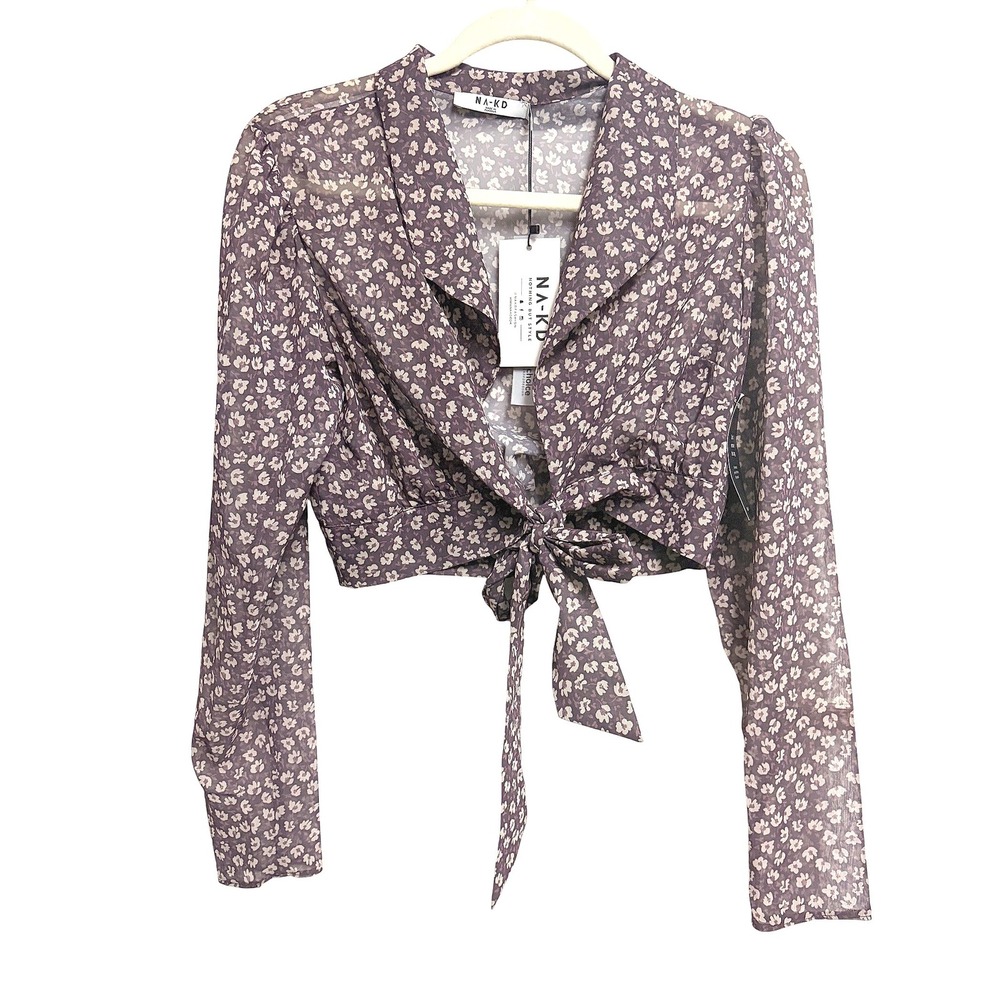 NA-KD Tie Front LS Blouse Burgundy Blossom NWT Sheer Floral EU 36
